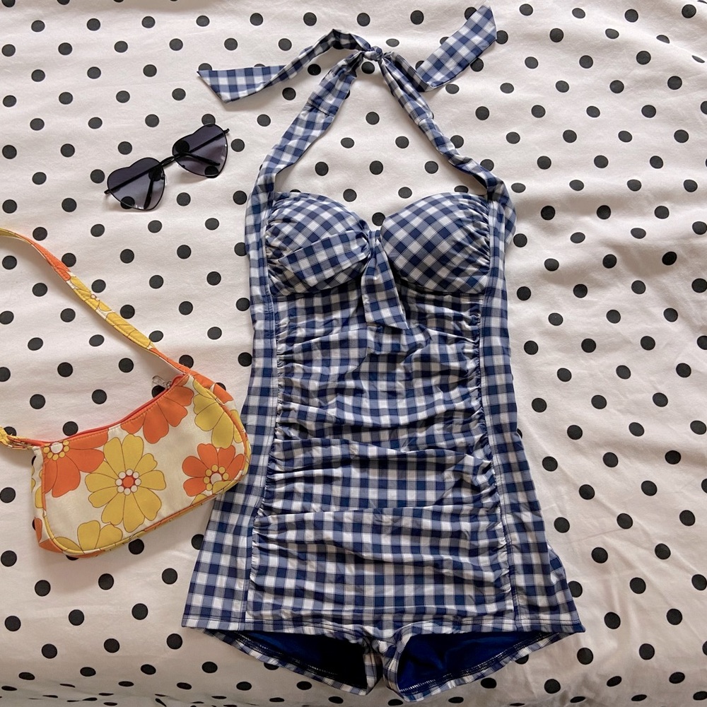 Seafolly Anthropologie Halter Retro Gingham Maillot Swimsuit Boyleg One Piece